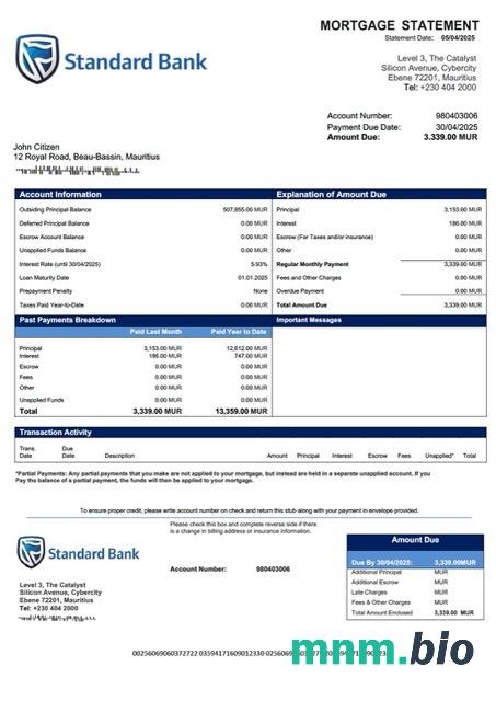 Mauritius Standard Bank (Mauritius) Limited wyciąg z kredytu hipotecznego szablon Word i PDF